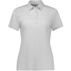 A women's short sleeve polo in a light grey colour with a button-up collar and a logo.
