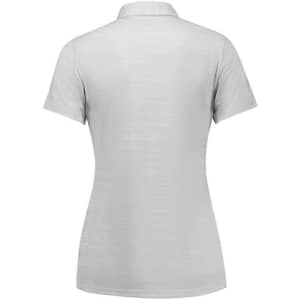 A light grey women's short sleeve polo shirt with a subtle texture and a collar, featuring a logo.
