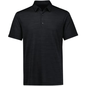 A black short sleeve polo shirt with a textured pattern, featuring a collar and three buttons. It has a logo.