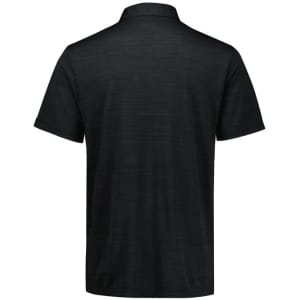 A black short sleeve polo shirt with a textured pattern and a collar, featuring a logo.