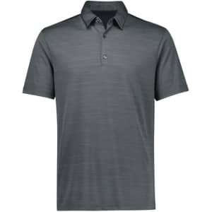 A short sleeve polo shirt in a dark green hue, featuring a collar and buttons, with a subtle textured pattern.