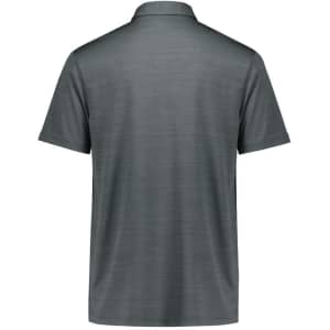 A grey short sleeve polo shirt with a collar and a logo on the back.