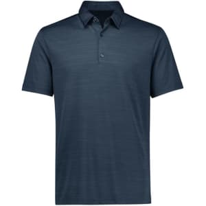 A short sleeve polo shirt in a dark blue shade with a subtle striped pattern and a collar. Features a logo.