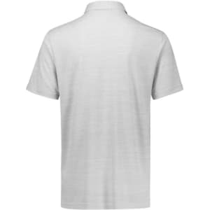 A light grey men's short sleeve polo shirt with a collar and a logo on the back.