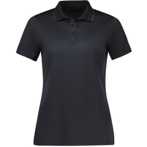 A women's short sleeve polo shirt in black, featuring a collar and three-button placket, with a subtle pattern.