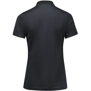 A women's short sleeve polo shirt in black, featuring a subtle textured pattern and a collar. It has a logo on the front.