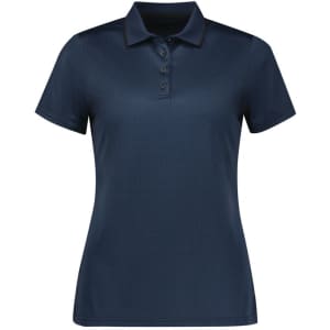 A navy short sleeve polo shirt for women, featuring a collar and button placket, with a subtle texture.