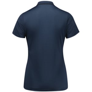 A navy blue women's short sleeve polo shirt with a textured pattern and collar. Features a logo on the front.