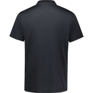 A black short sleeve polo shirt featuring a collar and a logo on the front.