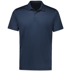 A men's short sleeve polo shirt in navy blue with a subtle pattern and a logo on the chest.