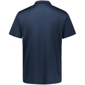 A navy blue short sleeve polo shirt featuring a collar and a subtle pattern, with a logo on the front.