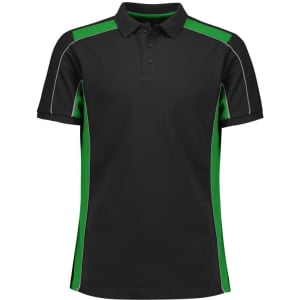 A black and green unisex short sleeve polo shirt with contrasting side panels and a logo on the chest.