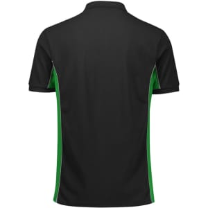 A black unisex polo shirt with green side panels and a logo. Features short sleeves and a classic collar.