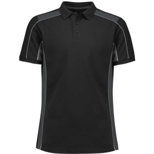 A black unisex polo shirt featuring grey accents and a branding logo on the chest.
