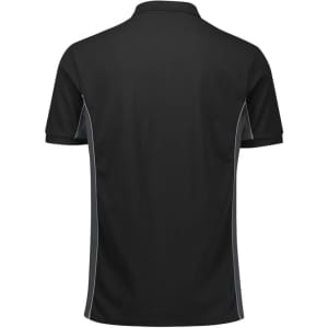 A black unisex polo shirt with grey side detailing and a logo on the chest.