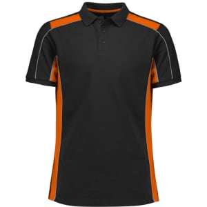 A black and orange unisex grid short sleeve polo shirt with a logo on the chest.