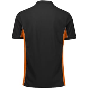 A unisex polo shirt in black with orange accents, featuring a logo on the back.