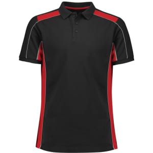 Unisex grid short sleeve polo in black with red side panels. Features a collar and three-button placket. Includes a logo.