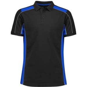A unisex short sleeve polo shirt in black with blue side panels and a logo. Suitable for casual wear.