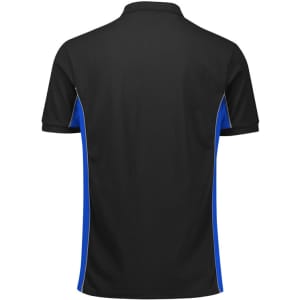A unisex short sleeve polo in black with blue side panels, featuring a logo on the back.