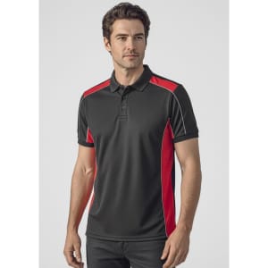 A unisex black polo shirt with red side panels and a logo, featuring short sleeves and a classic collar.
