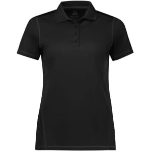 A black women's short sleeve polo shirt with a collar and buttons, featuring a logo.