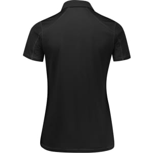A black women's short sleeve polo shirt featuring a sporty design and a logo on the back.