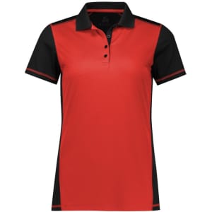 A women's short sleeve polo shirt in red and black with a logo on the chest.