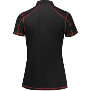 A women's short sleeve polo shirt in black with red piping and a logo on the side.