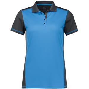 A women's short sleeve polo shirt in blue and grey, featuring a collar and a logo.