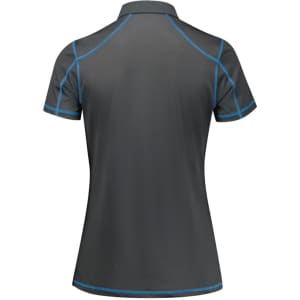 A women's short sleeve polo shirt in dark grey with blue piping, featuring a logo on the back.