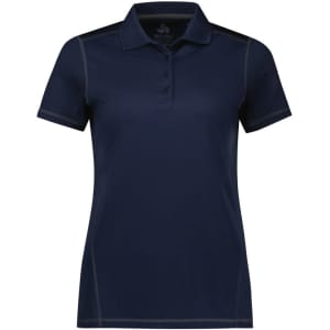 A women's short sleeve polo shirt in navy blue with a subtle textured pattern and a logo.