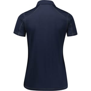 A navy women's short sleeve polo shirt with a fitted design and a logo on the back.