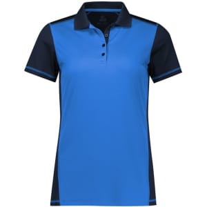 A blue and navy women's short sleeve polo shirt featuring a collar and a logo on the chest.