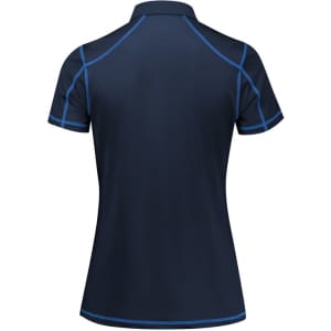 A navy blue short sleeve polo shirt with contrasting blue stitching and a logo on the chest.