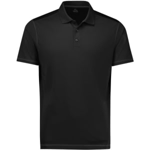 A black short sleeve polo shirt with a collar and a logo. Suitable for casual or active wear.