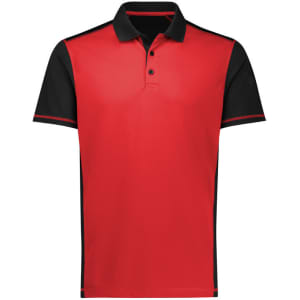 A short sleeve polo shirt in red with black accents and a logo on the chest.