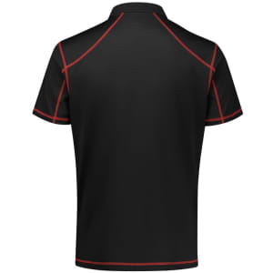 A black short sleeve polo shirt with red accents and a logo on the back.