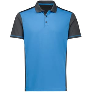 A blue and grey men's short sleeve polo shirt featuring a logo.