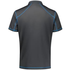 A dark grey men's short sleeve polo shirt with blue accents and a logo. It features a stylish design and modern fit.