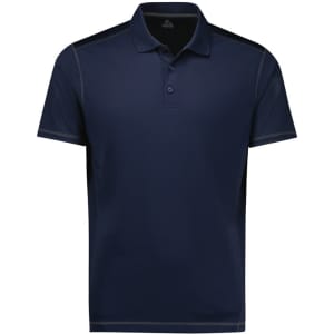 A navy short sleeve polo shirt with a logo on the chest and contrasting details. Suitable for casual wear.