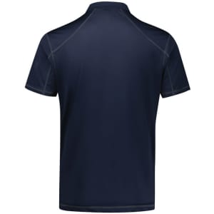 A navy blue short sleeve polo shirt featuring a logo on the back.