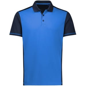 A short sleeve polo shirt in bright blue, featuring a dark blue collar and side panels, with a logo on the chest.
