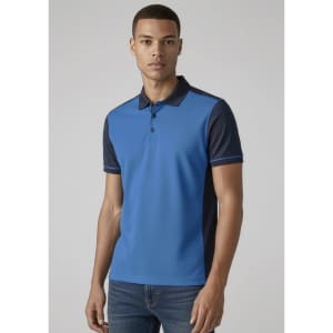 A men's short sleeve polo shirt in blue with navy accents and a logo on the chest.
