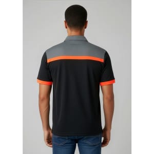 A men's short sleeve polo in black with grey and orange accents, featuring a logo on the back.