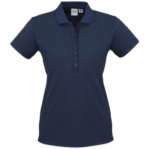 A navy women's short sleeve polo shirt featuring a button placket and a logo on the chest.
