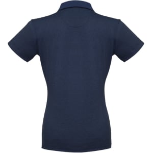 A navy women's short sleeve polo shirt with a fitted design and a collar. It has a logo on the front.