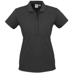 A women's short sleeve polo shirt in dark grey with a buttoned placket and a logo on the chest.