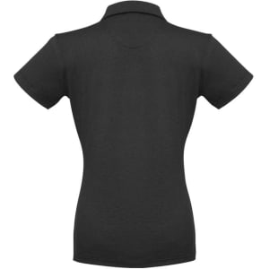 A black women's shadow short sleeve polo shirt featuring a traditional collar and fitted design, with a logo on the back.