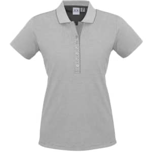 A grey women's short sleeve polo shirt with a button placket and a logo on the collar.